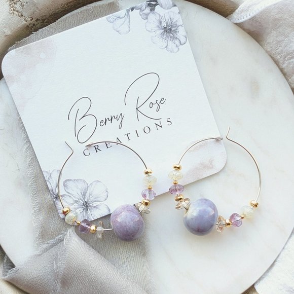 Light Purple Ceramic Beaded Mixed Metal Steel handmade Hoop Earrings - Picture 2 of 7